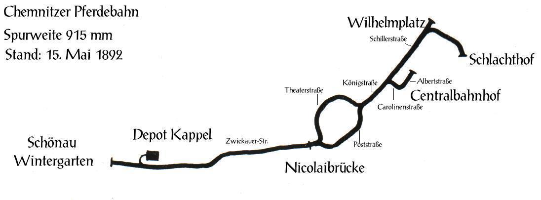 Streckenplan der Chemnitzer Pferdebahn