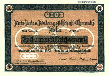 Aktie der Auto-Union von 1932 ber 1.000 Reichsmark 