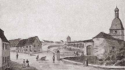 Im Osten: Das Johannistor, mittig der Rote Turm, links die uere Johannisstrae 