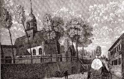 Die Pfarrkirche St. Nicolai an der Stollberger Strae um 1840 - rechts der "Gasthof zur Laterne"